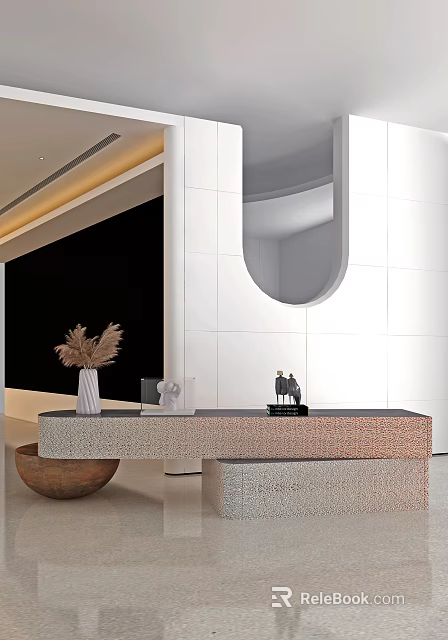 Elegant Modern Reception Desk With Terrazzo Countertop And Decorative Vase Sculpture On White Wall Panel 3d model 