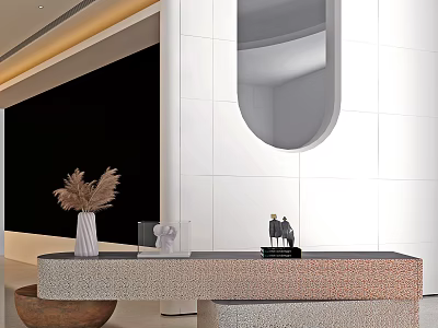 Elegant Modern Reception Desk With Terrazzo Countertop And Decorative Vase Sculpture On White Wall Panel 3d model