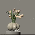 Elegant White Ceramic Vase With Beige Tulips And Green Leaves On Soft Warm Background