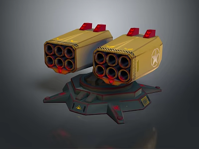Two Yellow Multi Barrel Mechanical Launchers With Red Tops Black Base And Yellow Emblem 3d model