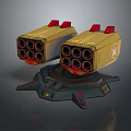Two Yellow Multi Barrel Mechanical Launchers With Red Tops Black Base And Yellow Emblem