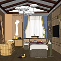 Spa Sauna Relaxing Interior With Wooden Bathtub Massage Bed And Decorative Lanterns