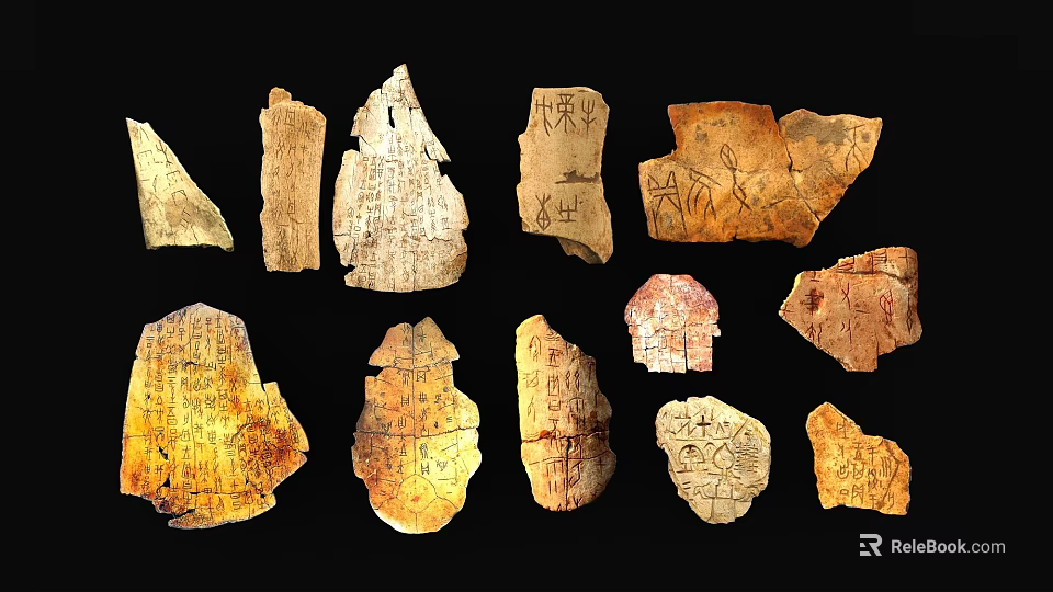 Decorative Ornament Set Of Ancient Collectible Stone Fragments With Inscriptions And Carvings 3d model 