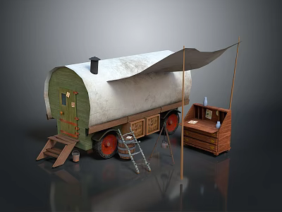 Vintage Caravan Featuring White Canopy Green Door Red Wheels Wooden Ladder And Small Table 3d model