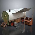Vintage Caravan Featuring White Canopy Green Door Red Wheels Wooden Ladder And Small Table