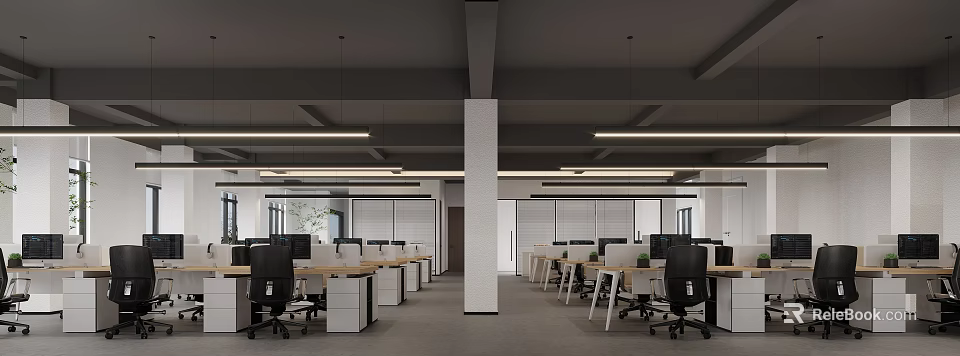 Modern Public Office Space Featuring Open Layout Desks Chairs Pendant Lights And Green Plants 3d model 