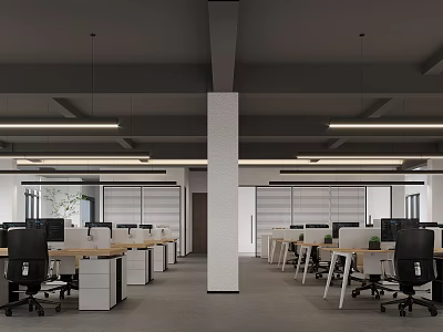Modern Public Office Space Featuring Open Layout Desks Chairs Pendant Lights And Green Plants 3d model