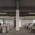 Modern Public Office Space Featuring Open Layout Desks Chairs Pendant Lights And Green Plants