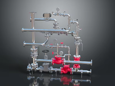 Industrial Metal Pipe System With Red Valves And Mechanical Components 3d model Industrial Metal Pipe System With Red Valves And Mechanical Components 3d model