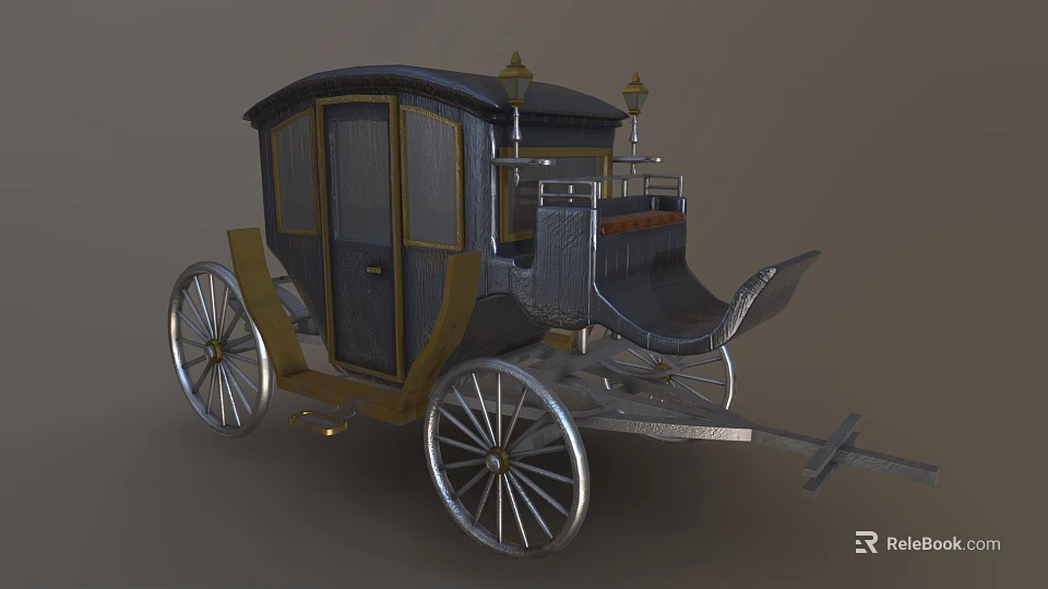 Classic Black and Gold Carriage with Enclosed Cabin Spoked Wheels and Decorative Lanterns 3d model 