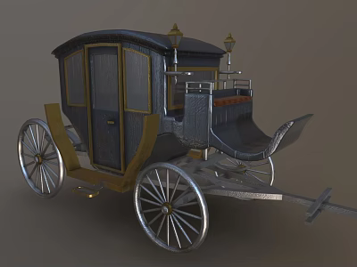Classic Black and Gold Carriage with Enclosed Cabin Spoked Wheels and Decorative Lanterns 3d model