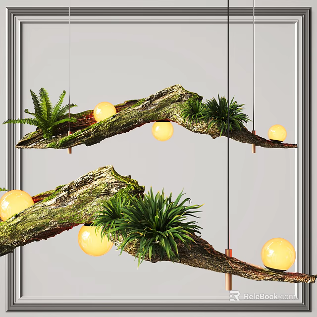 Unique Shaped Pendant Light with Branch Inspired Design Green Plants and Spherical Lights 3d model