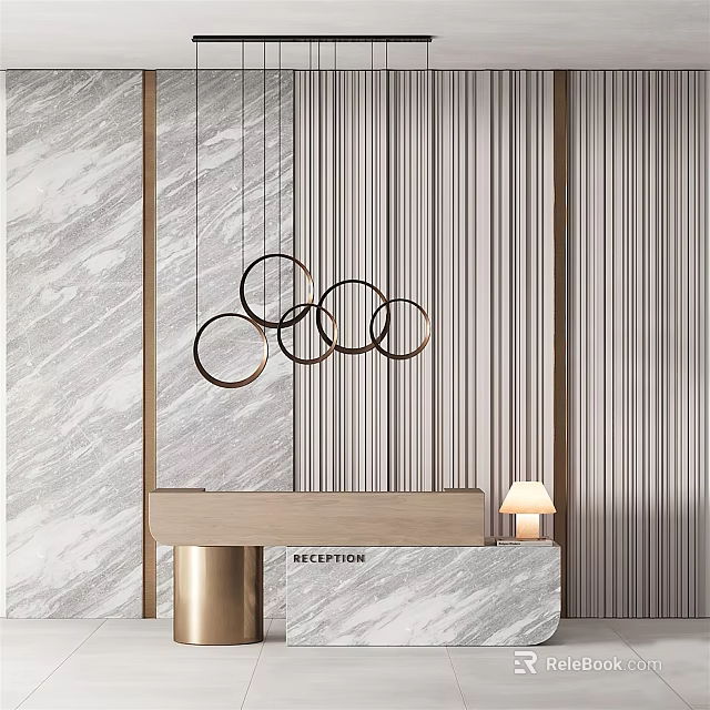 Modern Reception Desk With Marble Wall Striped Backdrop Metal Ring Pendant Lights And Table Lamp 3d model 