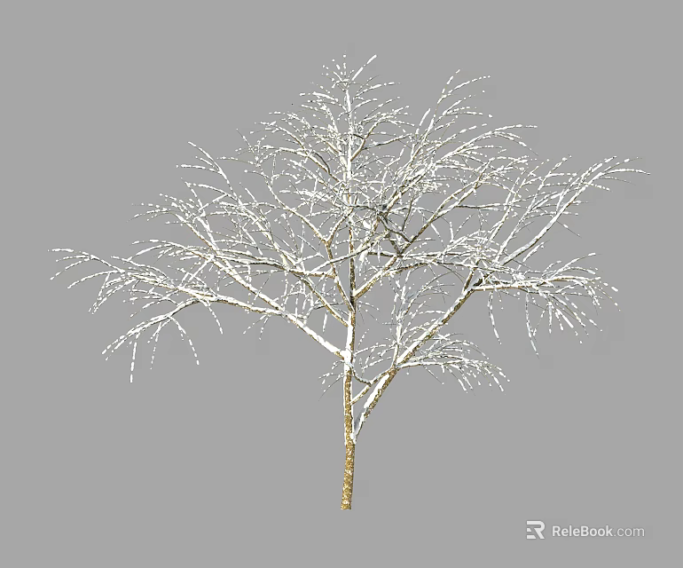 Bare Tree With Snow Covered Branches And Yellow Trunk On Gray Background 3d model
