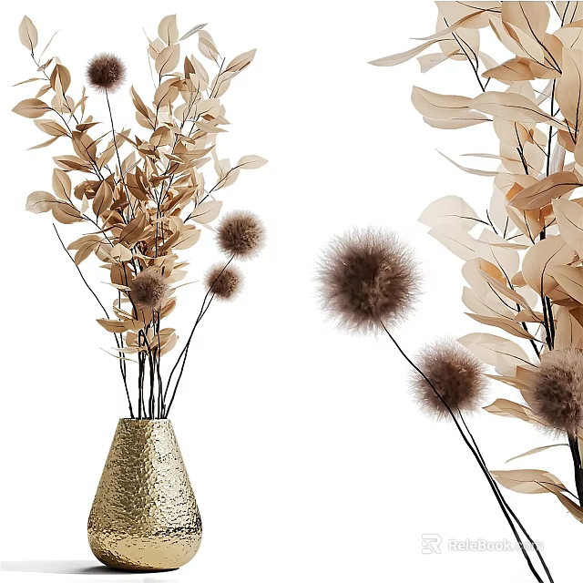 Golden Vase With Dried Brown Beige Leaves And Fluffy Pom Pom Flowers 3d model 