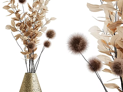 Golden Vase With Dried Brown Beige Leaves And Fluffy Pom Pom Flowers 3d model