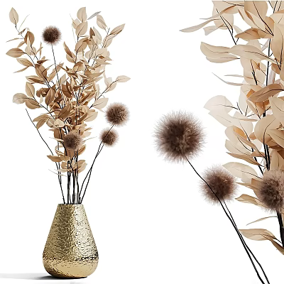 Golden Vase With Dried Brown Beige Leaves And Fluffy Pom Pom Flowers 3d model