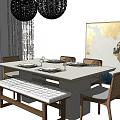 Modern Dining Table Set With Bench Chairs Black Chandeliers And Wall Art