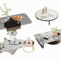 Modern Coffee Table Designs With Marble Glass Tops Round Rectangular Shapes And Decorative Plants 3d model