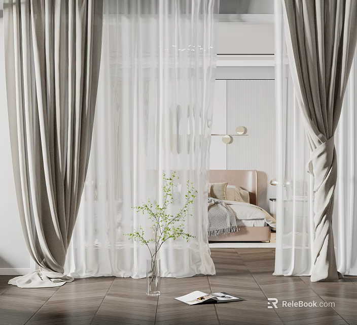 Modern Gray Linen Curtains With White Sheer Panels And Green Plant In Bedroom 3d model 
