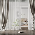 Modern Gray Linen Curtains With White Sheer Panels And Green Plant In Bedroom