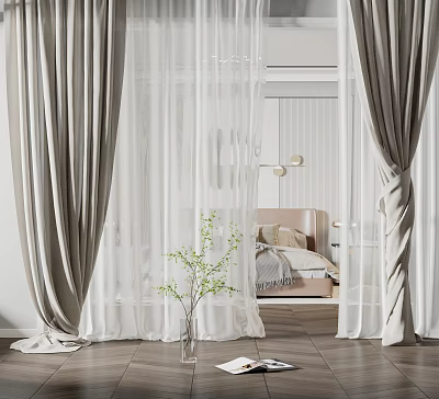 Modern Gray Linen Curtains With White Sheer Panels And Green Plant In Bedroom 3d model