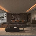 Modern Living and Dining Area With Sofa Coffee Table Bookshelf Floor Lamp and Plants