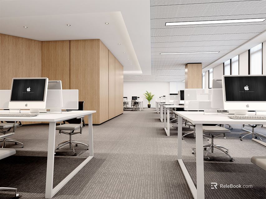 Modern Public Office Space Interior With Wooden Walls White Desks Computers And Windows 3d model 