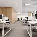 Modern Public Office Space Interior With Wooden Walls White Desks Computers And Windows