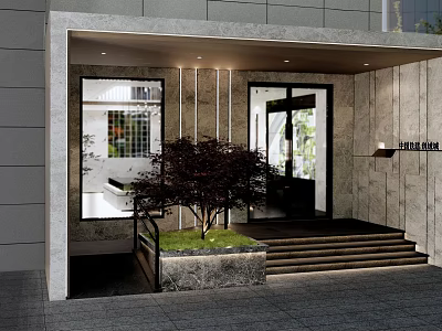Modern Storefront Entrance With Stone Wall Glass Door Steps And Planted Tree 3d model