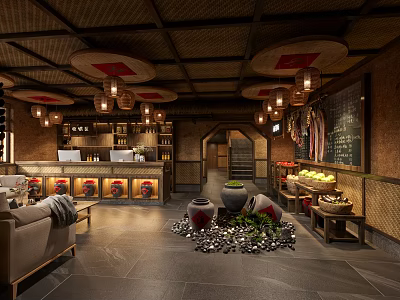 Traditional Hotel Lobby With Bamboo Ceiling Lantern Lights And Sofa Area 3d model