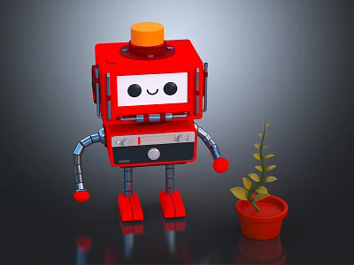 Red Robot With Smiling Face And Metal Arms Next To Potted Green Leaf Plant 3d model