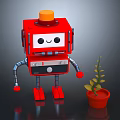 Red Robot With Smiling Face And Metal Arms Next To Potted Green Leaf Plant