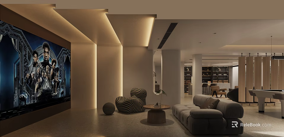 Modern Basement Lounge With Sofa Media Wall And Wine Storage 3d model