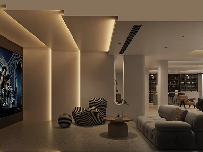 Modern Basement Lounge With Sofa Media Wall And Wine Storage 3d model