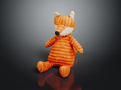 Orange Striped Fox Plush Doll in Sitting Posture with Dark Background Reflection 3d model