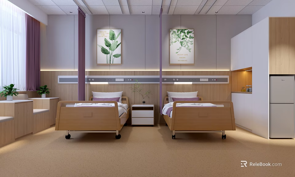 Modern Hospital Ward Interior With Two Beds Bedside Tables Purple Curtains And Green Leaf Paintings 3d model 