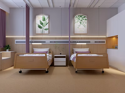 Modern Hospital Ward Interior With Two Beds Bedside Tables Purple Curtains And Green Leaf Paintings 3d model