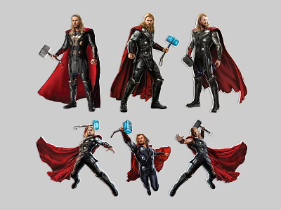 Game Movie Character Thor In Multiple Action Poses With Black Costume Red Cape And Hammer 3d model