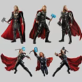 Game Movie Character Thor In Multiple Action Poses With Black Costume Red Cape And Hammer