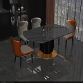 Modern Round Dining Table with Marble Top Black Gold Pedestal and Orange White Chairs