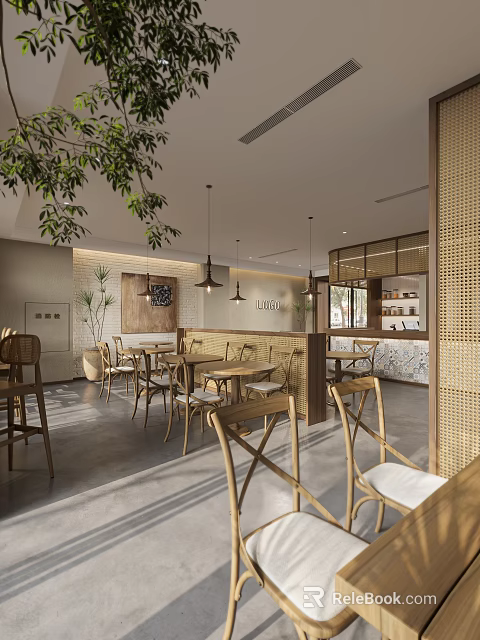 Warm Wooden Restaurant Interior With Pendant Lights And Dining Tables 3d model 