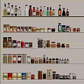 Organized Spice Bottles And Jars Arranged On White Multi Layer Shelves In Modern Kitchen