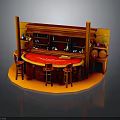 Round Bar Interior Design With Red Countertop Wood Shelves Wine Bottles And Bar Stools