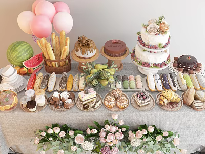 Variety Of Desserts Displayed On Table With Balloons And Flowers 3d model