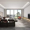 Modern Living Room Interior With Large TV Sofa Red Chair Coffee Table And Display Shelves