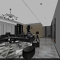 Modern Open Dining and Living Room Interior With Marble Floor Pendant Lights And Large Windows