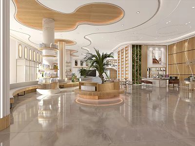Modern Service Hall Interior With Wooden Decor Circular Reception Desk And Green Plants 3d model