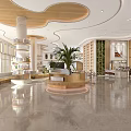 Modern Service Hall Interior With Wooden Decor Circular Reception Desk And Green Plants