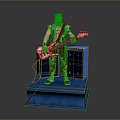 3D Musician Figure Wearing Colorful Glasses Holding Electric Bass With Blue Amplifier And Platform
